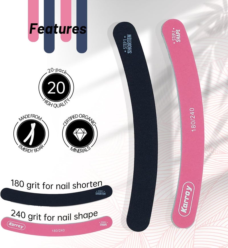 Karroy Nail File 20pcs Dual Sided Nail Files for Natural Nails Emery Boards Nail Filer for Acrylic Nail 180/240 Grit - Image 2